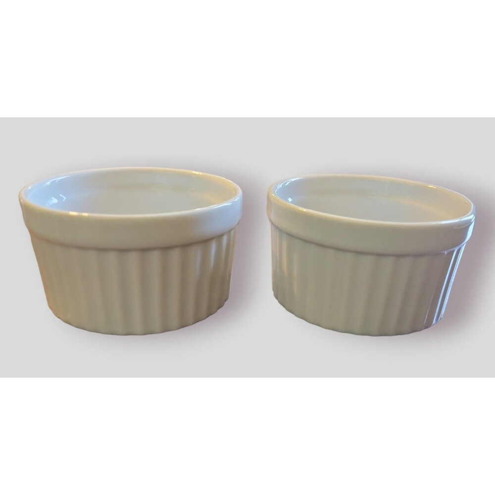 HIC Ramekins - White Ribbed Round- Porcelain - 4 oz. - 3" Diameter - Set of 2